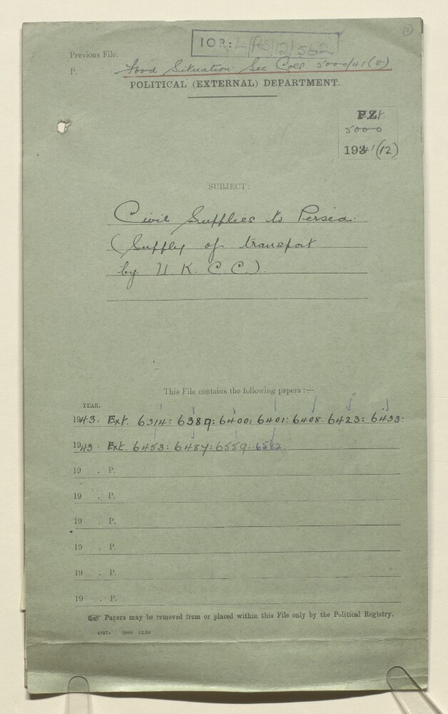 Ext 5000/41(12) 'Civil Supplies to Persia. (Supply of transport by U.K.C.C.)'