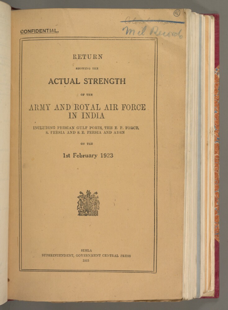 ‘RETURN SHOWING THE ACTUAL STRENGTH OF THE ARMY AND ROYAL AIR FORCE IN INDIA INCLUDING PERSIAN GULF PORTS, THE E. P. FORCE, S. PERSIA AND S. E. PERSIA AND ADEN ON THE 1ST FEBRUARY 1923’