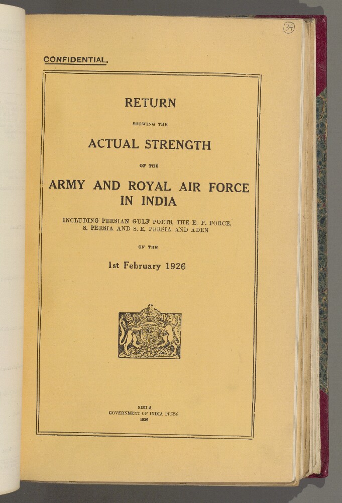 ‘RETURN SHOWING THE ACTUAL STRENGTH OF THE ARMY AND ROYAL AIR FORCE IN INDIA INCLUDING PERSIAN GULF PORTS, THE E. P. FORCE, S. PERSIA AND S. E. PERSIA AND ADEN ON THE 1ST FEBRUARY 1926’