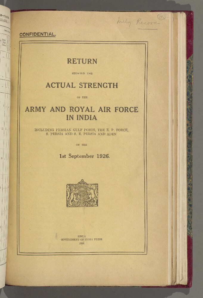 ‘RETURN SHOWING THE ACTUAL STRENGTH OF THE ARMY AND ROYAL AIR FORCE IN INDIA INCLUDING PERSIAN GULF PORTS, THE E. P. FORCE, S. PERSIA AND S. E. PERSIA AND ADEN ON THE 1ST SEPTEMBER 1926’