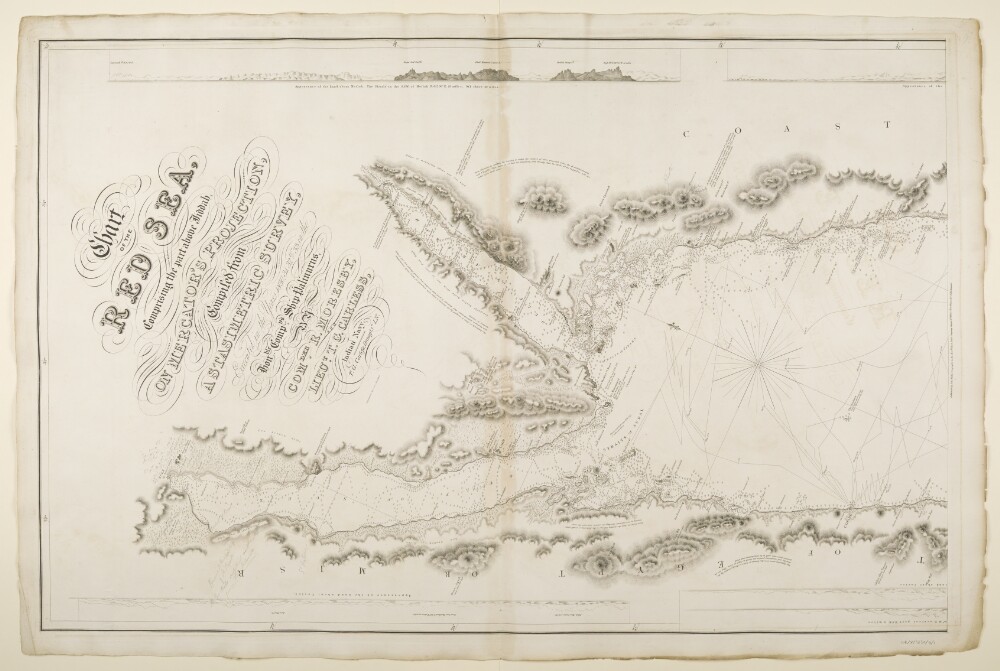 ‘Chart of the Red Sea, Comprising the part above Jiddah, on Mercator’s Projection, Compiled from a Stasimetric Survey, Executed in the Years 1830, 31, 32 & 33 in the Hon.ble Comp.y's Ship Palinurus by Com.der R. Moresby, and Lieu.t T.G. Carless, Indian Navy. T.G. Carless, Draughts.n I.N. Engraved by J.&C. Walker’