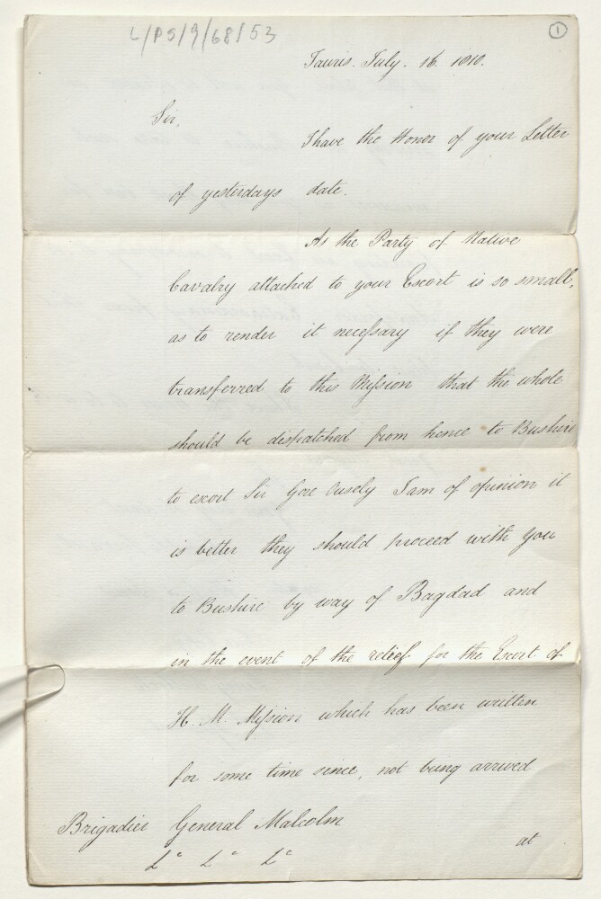 Copy of a Letter from HM Envoy Extraordinary and Minister Plenipotentiary to Persia, Sir Harford Jones, to Brigadier-General Sir John Malcolm
